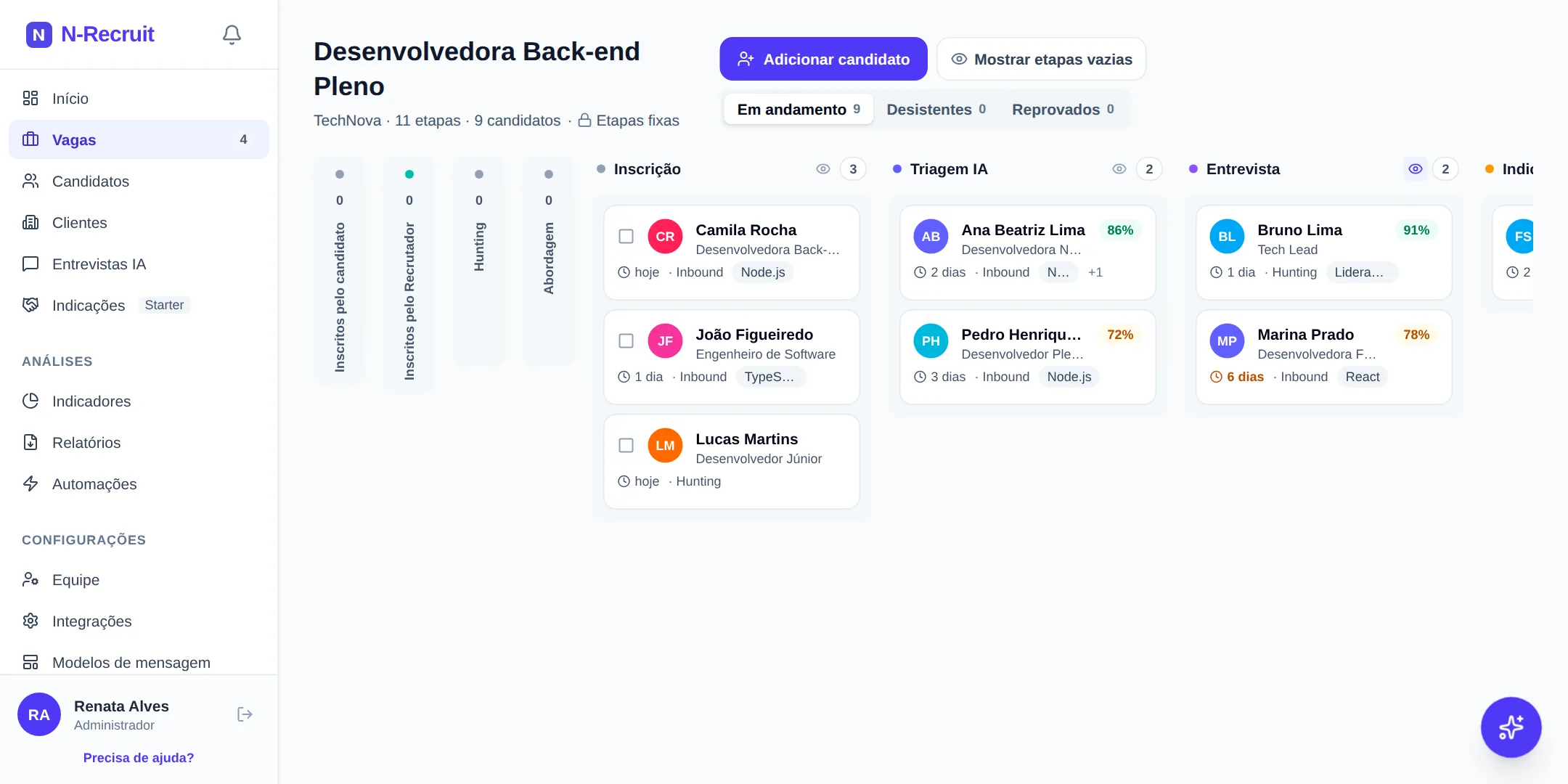 Kanban de recrutamento do N-Recruit com candidatos em etapas